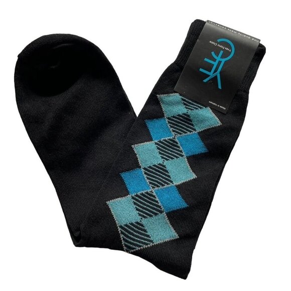 Yves Franc Claire Mens Argyle Crew Socks Size 10-13 Black Blue Teal Patternu - Picture 1 of 4